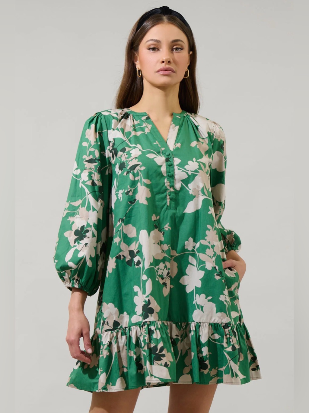 Sugarlips Nora Floral Whine Shift Mini Green Dress With Balloon Sleeve